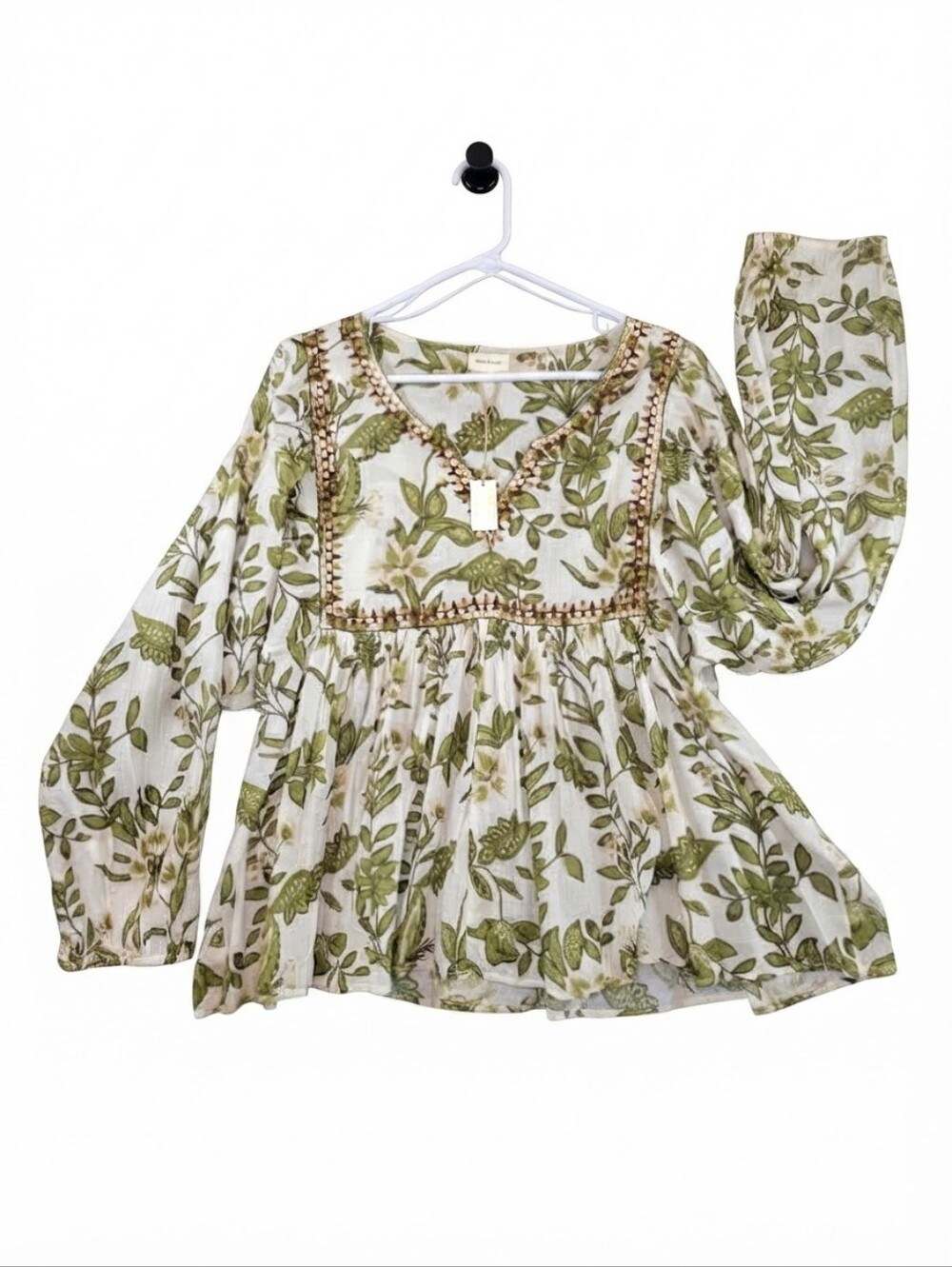 World Market Green White Embroidered Floral Boho Tunic Blouse NWT L/XL Festival